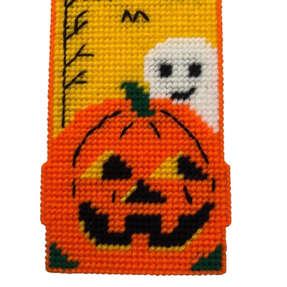 VINTAGE Halloween 80s 90s Lot of 2 Needlepoint Door Hanger Witch Pumpkin Ghost - Picture 6 of 7